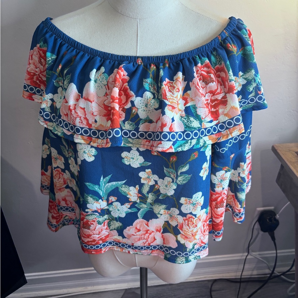 Jealous Tomato Off-Shoulder Floral Ruffle Top - Blue Floral Small